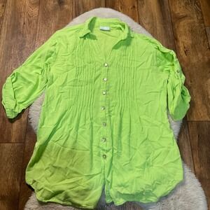 Soft Surroundings BlouseSize Medium Tie Back Sleeve Flowy Lime Green 100% Cotton